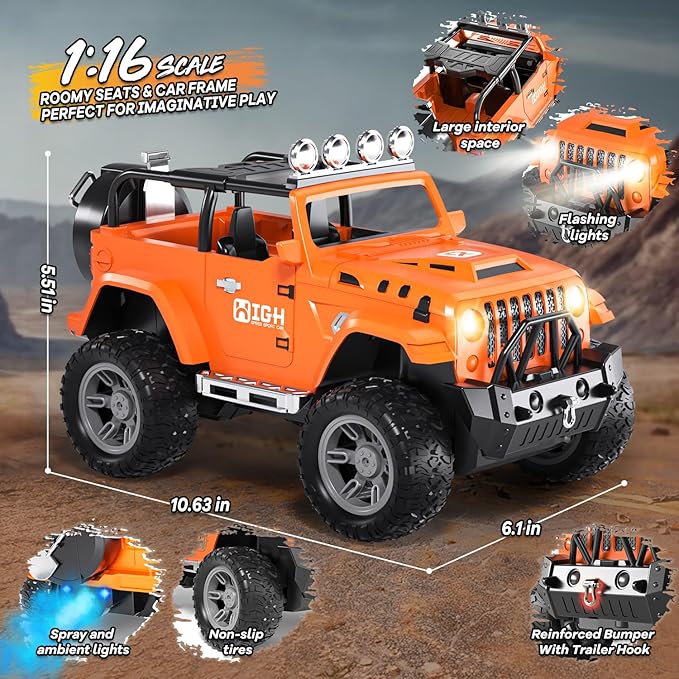 1:16 Remote Control Car with Spray Lights and Sound 2.4GHz Remote Control Jeep for Kids All Terrain Off-Road Jeep RC Car Toys Gift for Boys and Girls