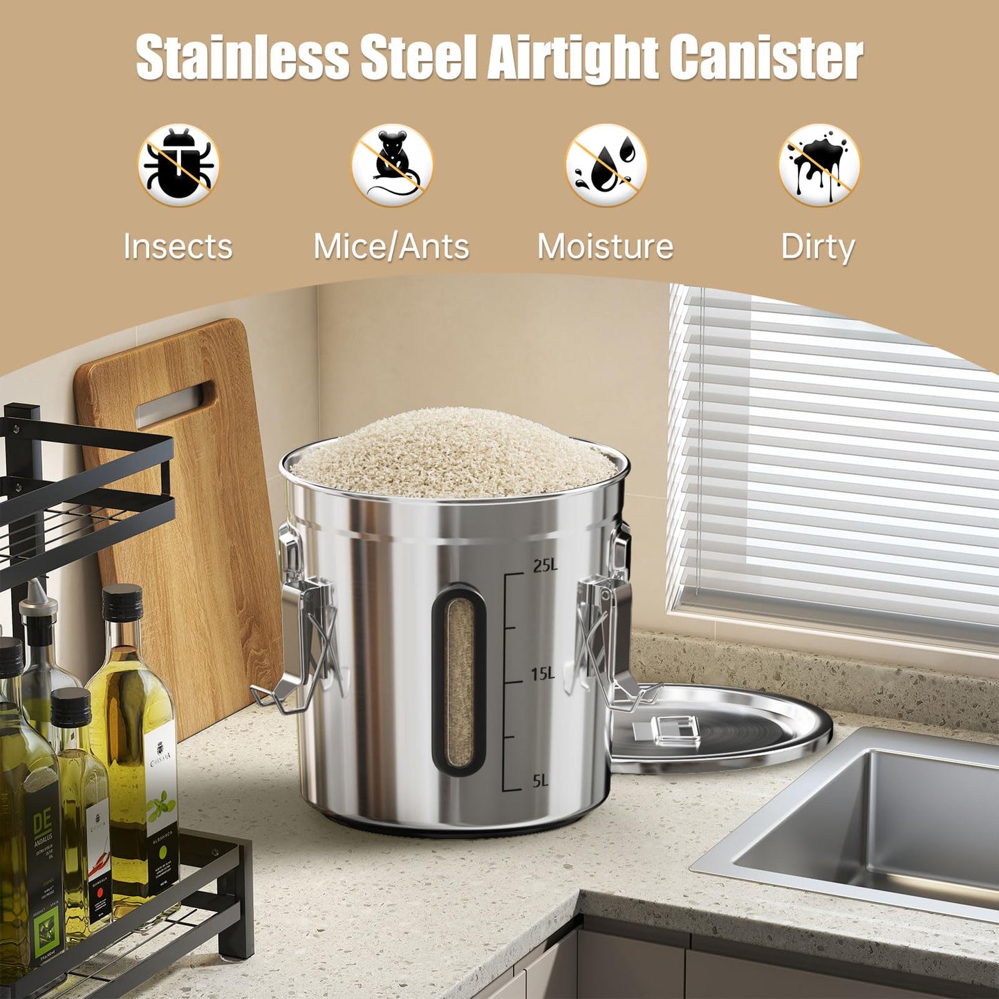 Domart 3 pcs 12/21/33L Stainless Steel Airtight Canister with Lid and Locking Clamp, 3.2/5.5/8.7 Gal Storage Container for Rice/Flour/Grain/Pet Food, for Kitchen/Pantry/Restaurant