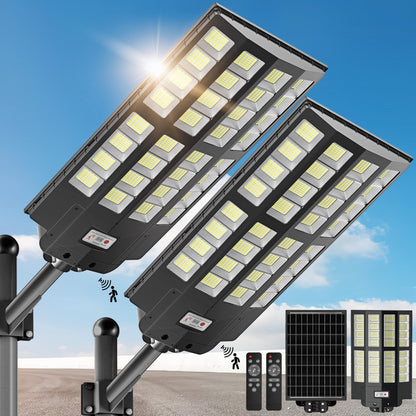 OKPRO 10000W Solar Street Lights Outdoor, IP66 Waterproof Commercial Solar Powered Flood Light with Motion Sensor & Remote, Dusk to Dawn Security Lighting for Yard, Farm, Parking Lot, Garage (2Pack)