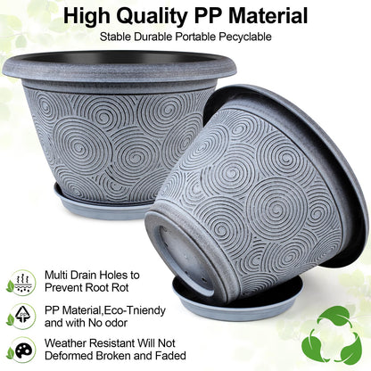 Fodetyff 12 Inch Large Planter Pot for Plants Indoor Outdoor, 4 Pack Plastic Flower Pots with Drainage Hole & Tray, Modern Decorative Garden Pot with Saucer, Plant Container for House