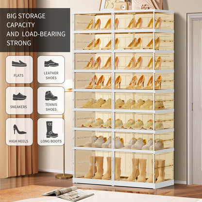 EHAMILY 8 Tiers 16-32 Pairs Foldable Shoe Rack for Closet Plastic Stackable Shoe Boxes for Garage Collapsible Shoes Shelf with Doors Storage Organizer Cabinet Quick Assembly,Brown