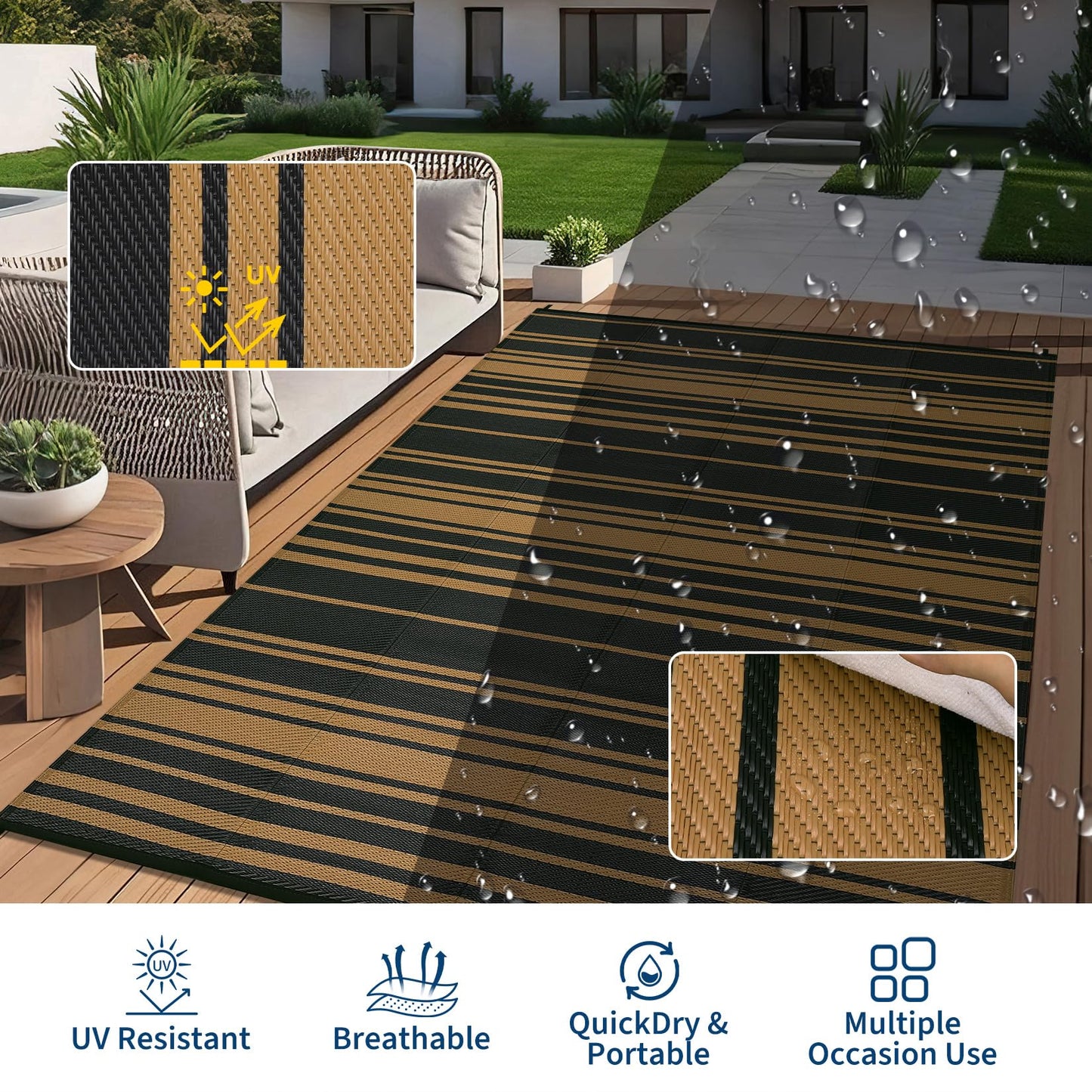 LUXLOOM Outdoor Plastic Straw Rug 9x18 Large Washable Floor Mat Modern Lines Waterproof Rug for Patio Reversible Rugs for Outdoors RV Beach Patio Camping Backyard Deck Picnic Outside Black Brown