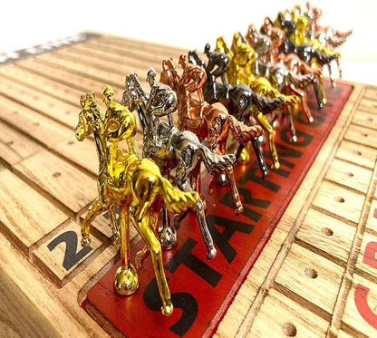 Horse Racing Game for Adults Foldable Horse Race Board Game with 11 Luxurious Metal Horses (Gold Silver Black Bronze) 24” Wood Horse Race Game Board Big Dice 2Card &amp Bag (Log1)