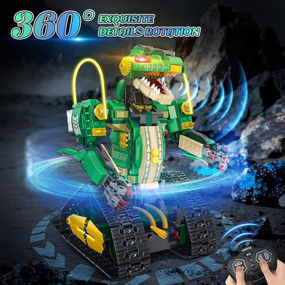 RC Dinosaur Building Toy with Light 5 in 1 Remote Controll Building Block Kit 877 PCS Tech Rechargeable Dinosaur Robot Toys Easter Birthday for Kids Boys Age 8 9 10 11 12+