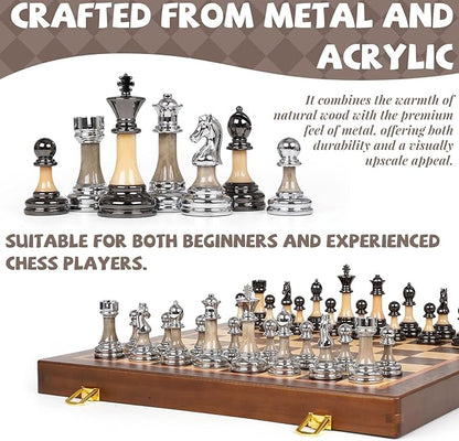 Luxury Large Chess Set 17 Inch Wooden Chess Board with Metal and Acrylic Chess Pieces 3.5 King 2 Extra Queens Foldable Tournament Chess Set for Adults and Kids Gift Display Chess Game Collection