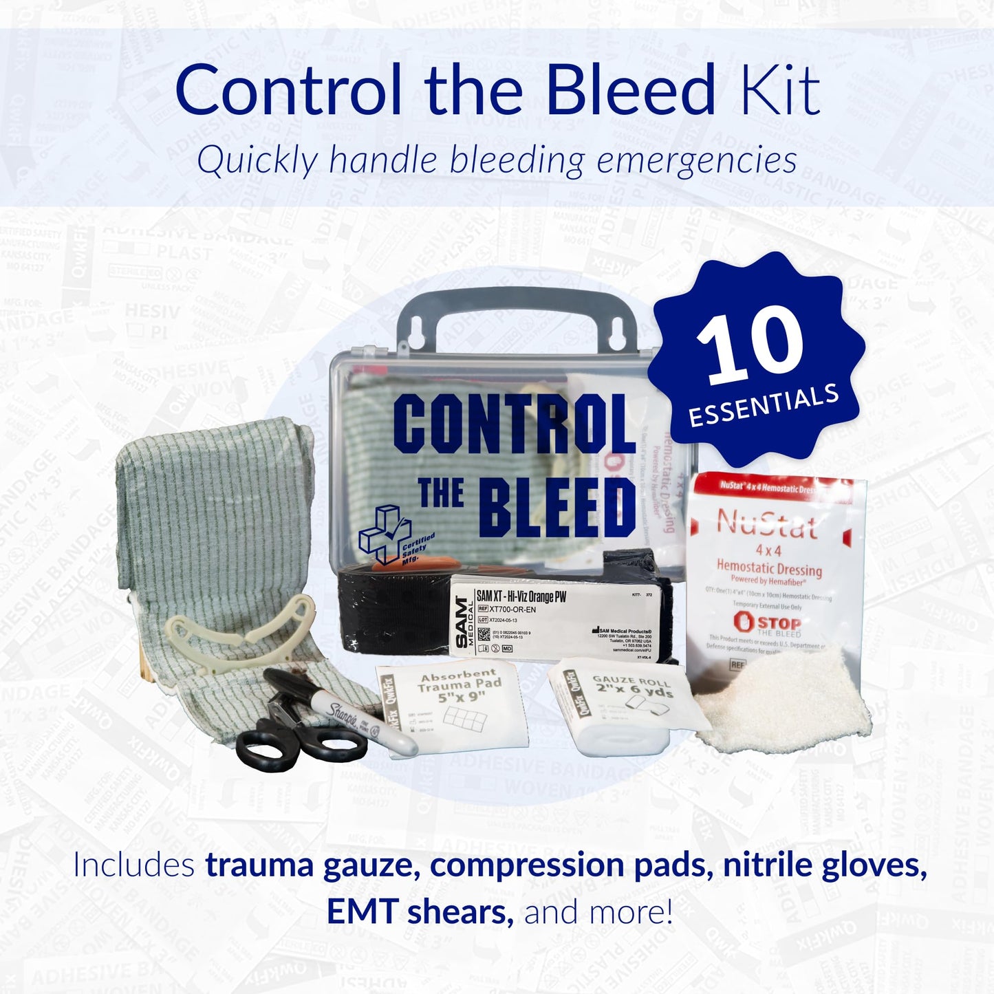 Certified Safety Mfg Control the Bleed Kit - 10pc USA-Made Control the Bleed Kit with Tourniquet, Gauze, Hemostatic Bandage, and More - Blood Clotting Products for Medical Trauma to Stop Bleeding