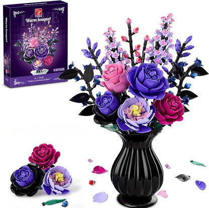 Flowers Bouquet Building Set - Purple Roses Botanical Collection Building Blocks for Adult Women Artificial Flowers Gothic Home Decor Mother's Day Birthday Gift for Adults Kids Girls 6-12 (806PCS)