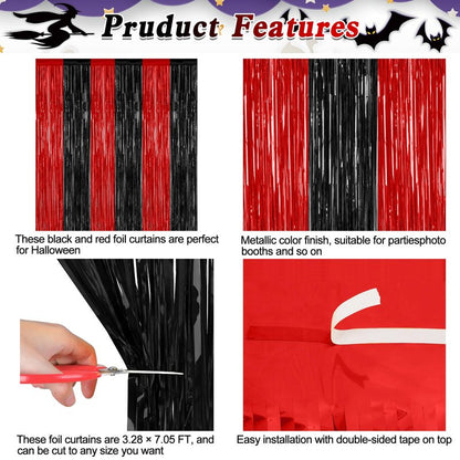 4 Pack Halloween Wall Backdrop, 3.28 FT x 7.05 FT Red and Black Party Streamer, Metallic Tinsel Curtains Fringe Backdrop Foil Streamer, Halloween Hanging Decor Casino Theme Party Decorations
