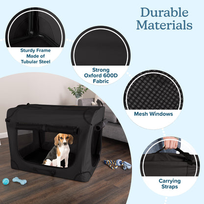 Soft Dog Crate - 32x23.25x23 Collapsible Dog Crate for Medium Pets - Portable Travel Pet Crate with 3 Doors, Mesh Windows, and Removable Divider - Travel Accessories by PETMAKER (Black)
