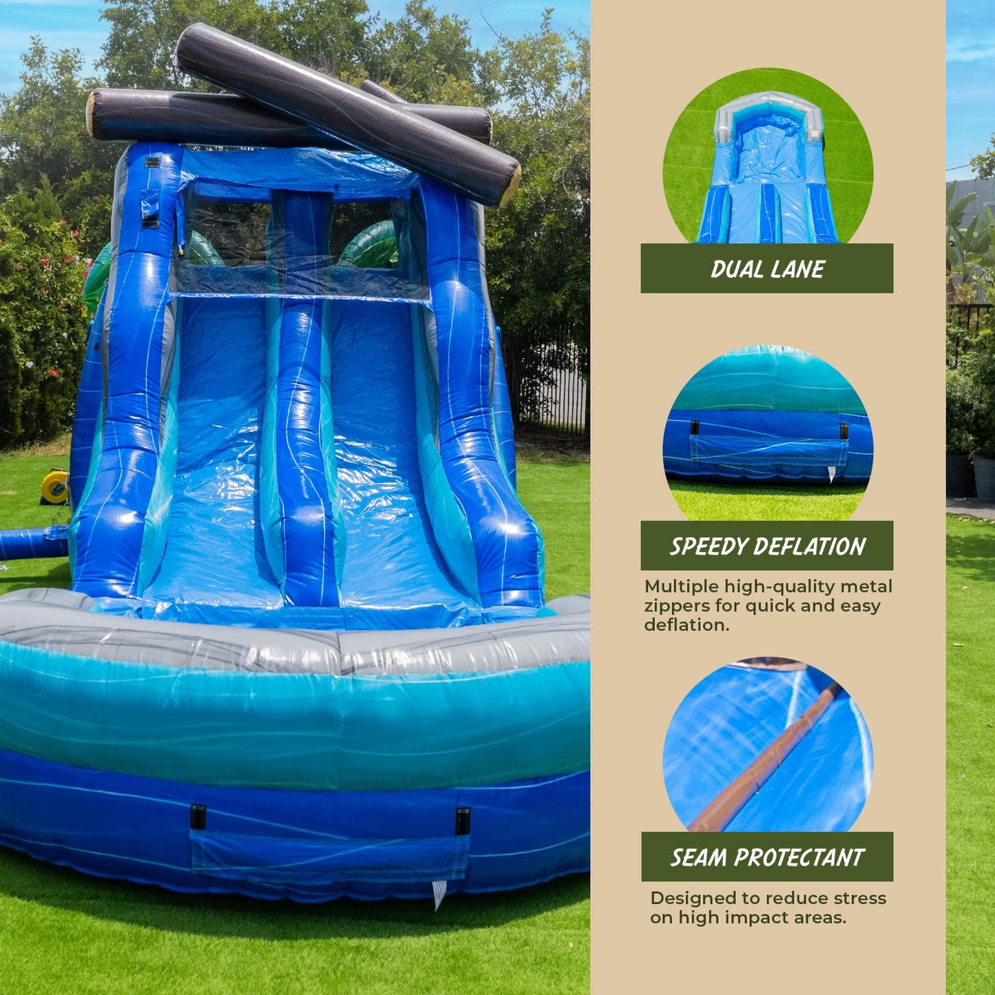 XJUMP 9’x 45’ x 13’ Tropical Long Inflatable Obstacle Course with Dual Lane Water Slide, Heavy Duty 15 PVC Vinyl, Wet/Dry Fun for Kids and Adults, with Large Mesh Windows for Easy Supervision