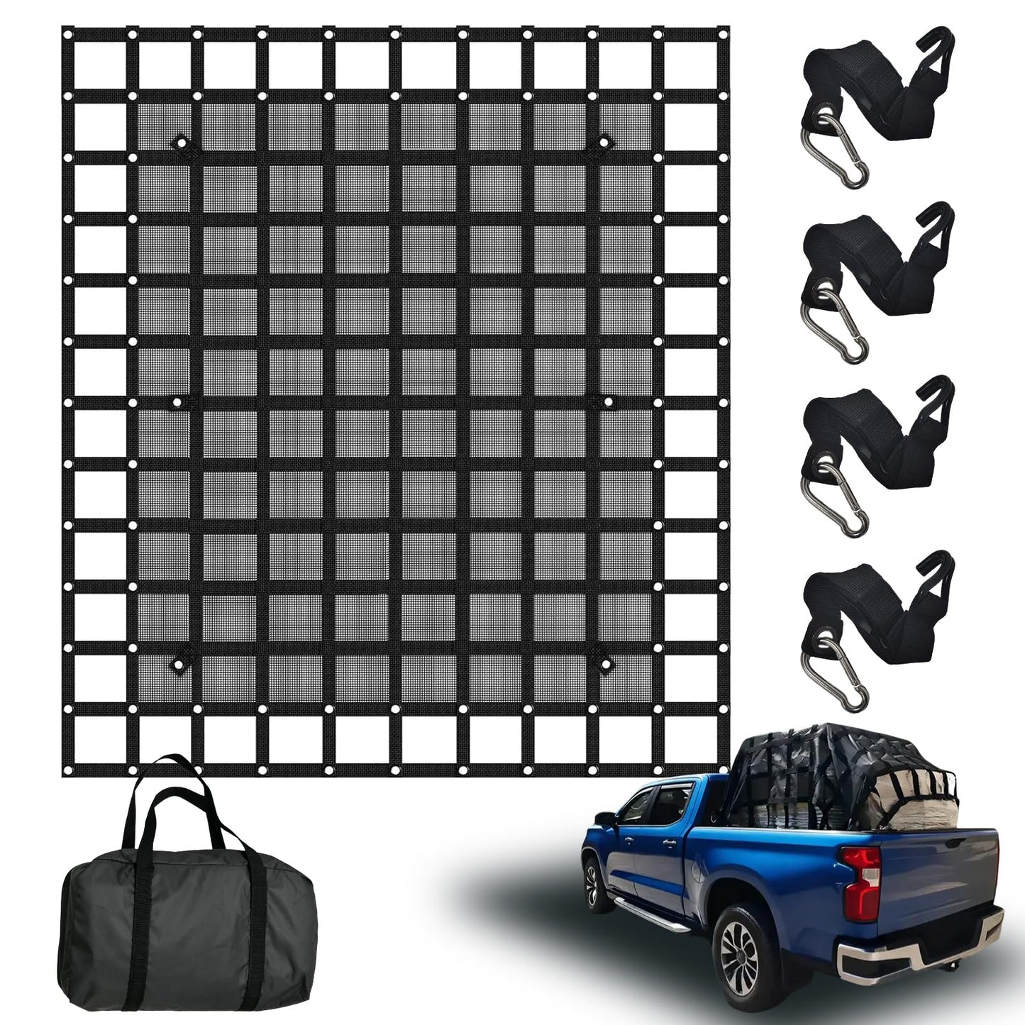 Ganggend 96” x 81“ Heavy Duty Cargo Net with Mesh, Truck Bed Net with J Hooks Accessories, 1500lbs Load Bearing Capacity, Truck Bed Cargo Net Organizer for Pickup Trucks (8' x 6.7')