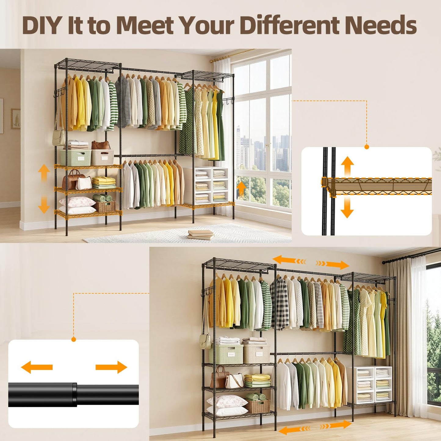UEAKPIC Heavy Duty Wire Garment Clothes Rack, Adjustable Freestanding Expandable Clothing Rack with 4 Hanging Rods, 15.7" D x (70.9"-90.6") W x 76.8" H, Max Load 1000lbs, Black