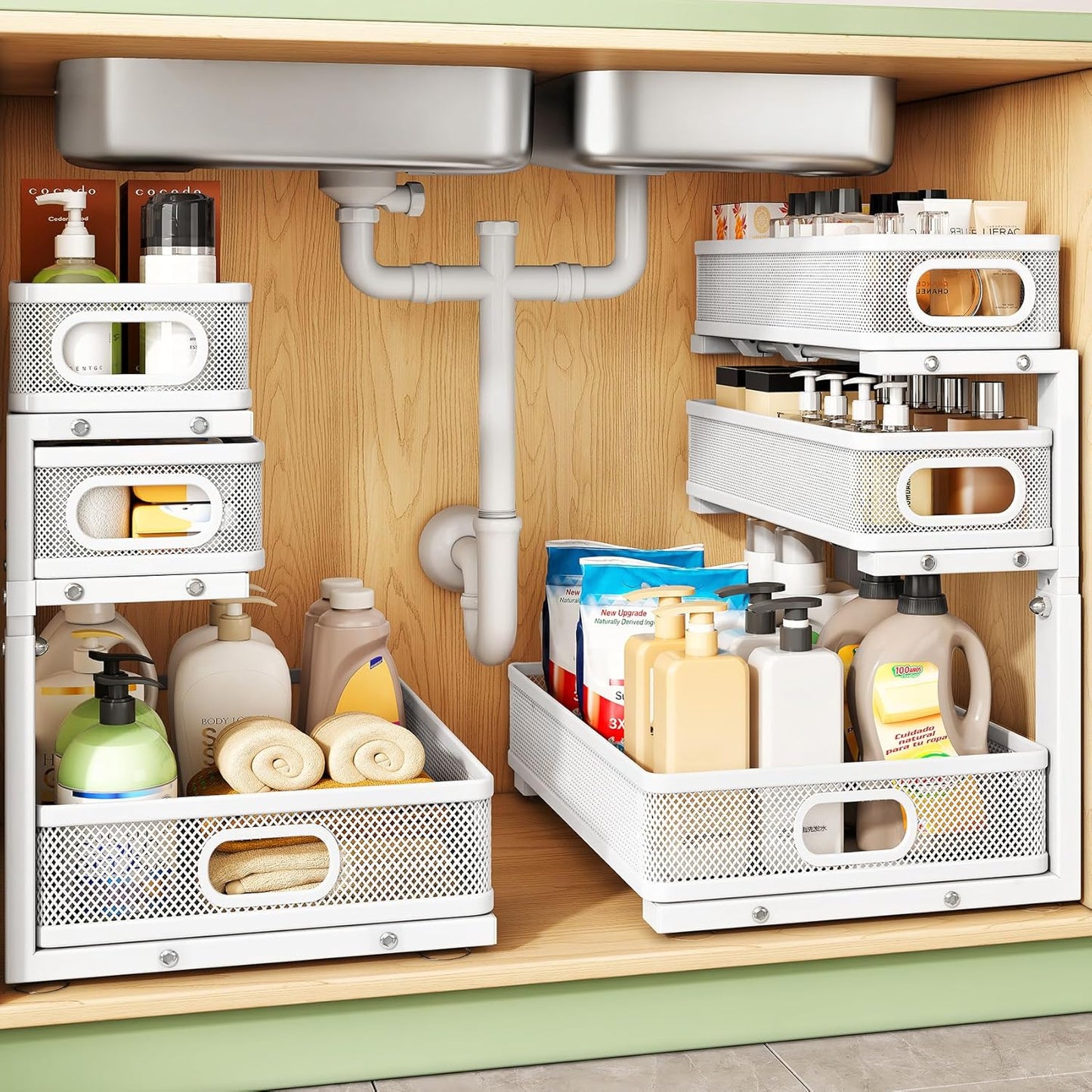 Kitstorack Under Sink Organizer - 2-Pack Adjustable Metal Cabinet Shelf | Slide-Out Storage for Kitchen & Bathroom
