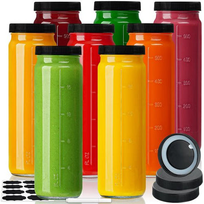Huichuiero [8 Pack] 20 Oz Glass Juicing Bottles w Airtight Lids - Reusable Drinking Jars w Scale, Travel Water Cups - Tall Mason Jar for Juice, Boba, Smoothie, Vanilla Extract(Extra 3 Lids)