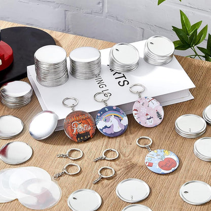 Button Maker Keychains Supplies, 200 Pcs 58mm Pin Maker Set, Metal Button Maker Supplies with Metal Shell Cover, Transparent Film & Chain Head