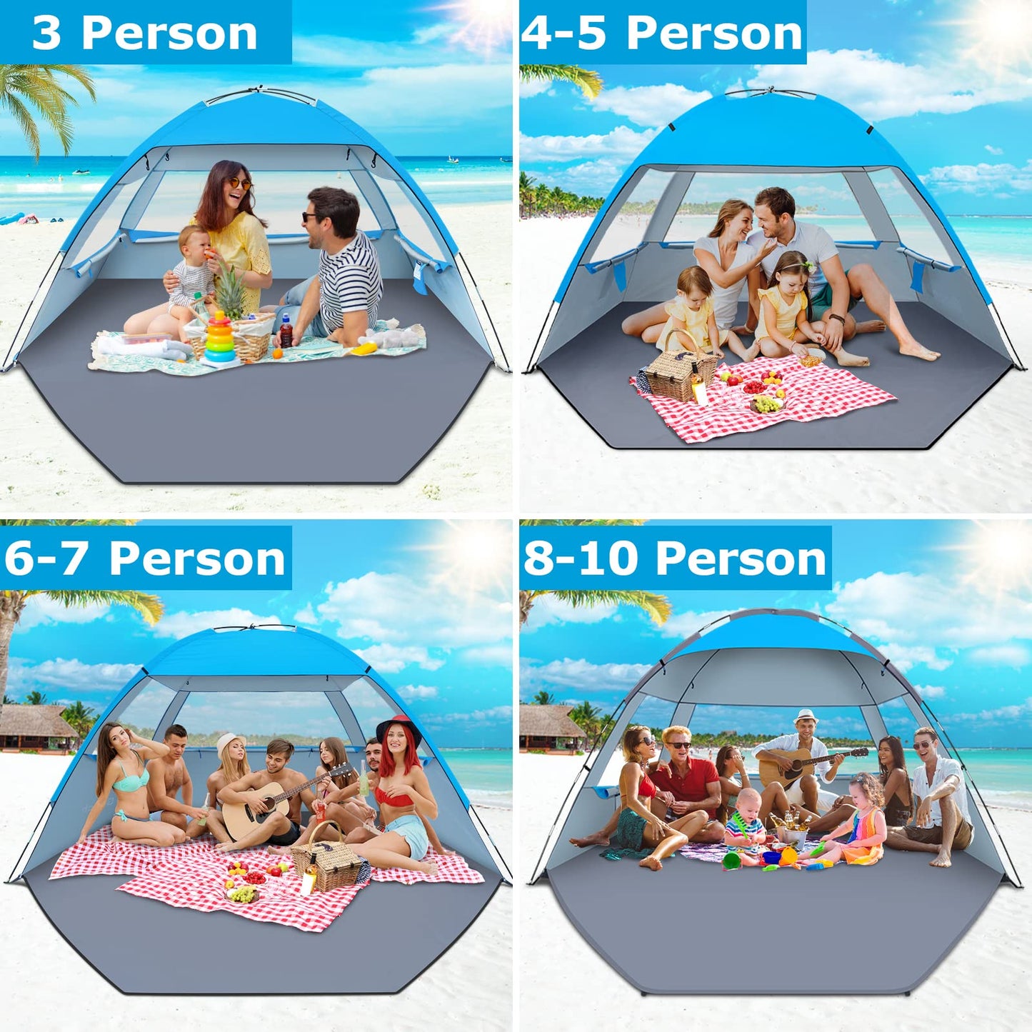 Gorich Beach Tent Sun Shelter for 3/4/6/8/10 Person with UPF 50＋ UV Protection, Lightweight & Easy Setup Beach Shade Canopy, Portable Beach Shade Tent Beach Cabana