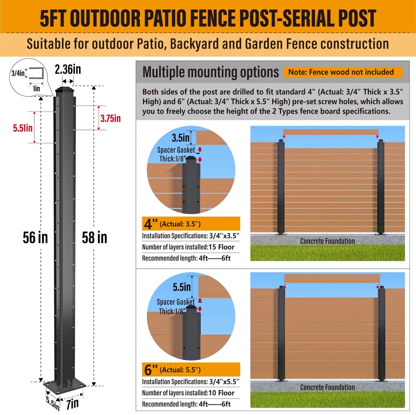 BITALS Q235A-Steel 5ft (H/58in) Heavy Duty Fence Post - Serial Post, Suitable for Outdoor Patio, Backyard and Garden Fence Post Bracket Construction (2pack-Matte Black)