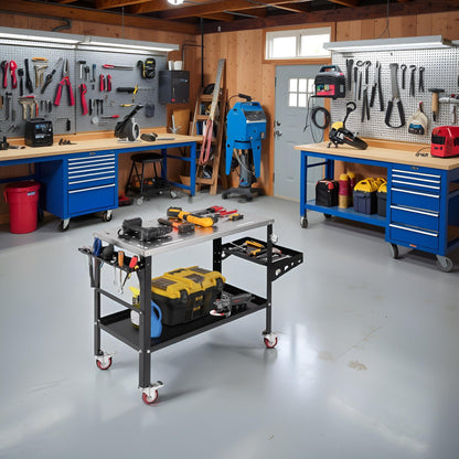 ERGOMASTER Welding Table 36'' x 18'',1200LBS Steel Weld Workbench with Wheels, 8 Tool Slots and 5/8" Fixture Holes for Welder Garage & Workshop