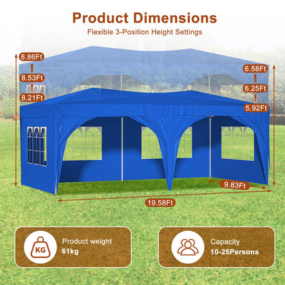 Osparple 10x20 FT Pop Up Canopy Tent, Outdoor Party Tent for Wedding with 6 Removable Sidewalls, Heavy Duty Waterproof Patio Canopy for Backyard, Garden, Lawn - Blue