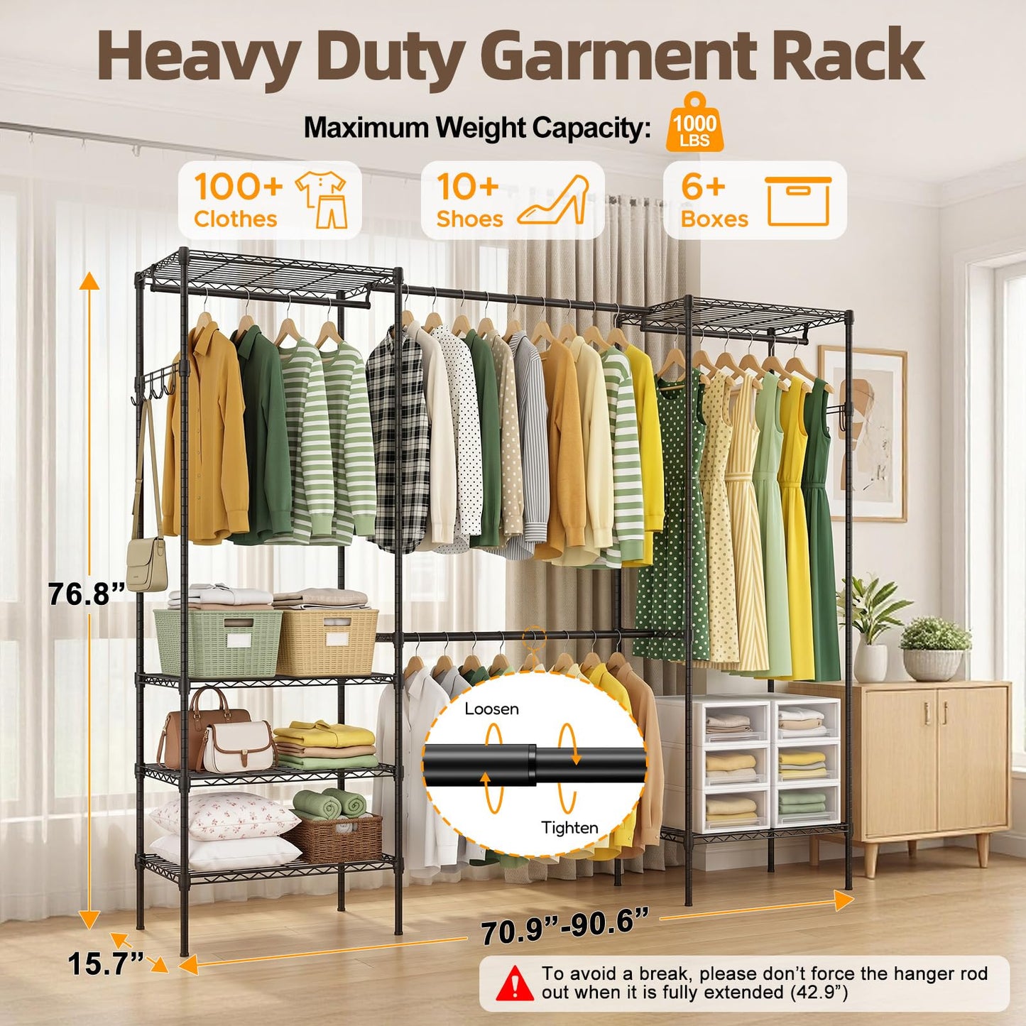 UEAKPIC Heavy Duty Wire Garment Clothes Rack, Adjustable Freestanding Expandable Clothing Rack with 4 Hanging Rods, 15.7" D x (70.9"-90.6") W x 76.8" H, Max Load 1000lbs, Black