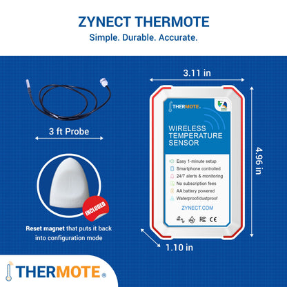 Zynect Thermote Wireless Remote Temperature Sensor. WiFi Thermometer Temperature Monitor. 24/7 Text/email alerts. Monitoring and History. Water/Dust Proof. No Subscription/Monthly Fees. Made in USA.