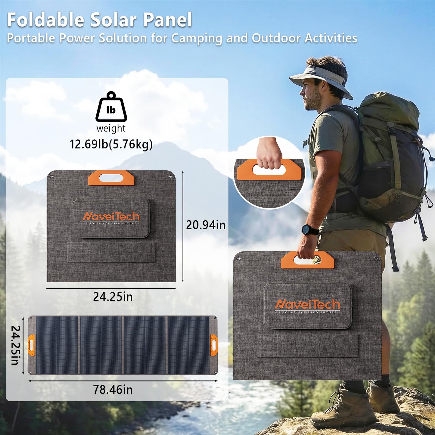 NaveiTech 200W Portable Solar Panel, 25% High Efficiency Foldable Solar Panel Charger for Power Station, for Power Station, with Sturdy Kickstands, Fast Setup for Camping, RV, Pickup, Marine Off-Grid