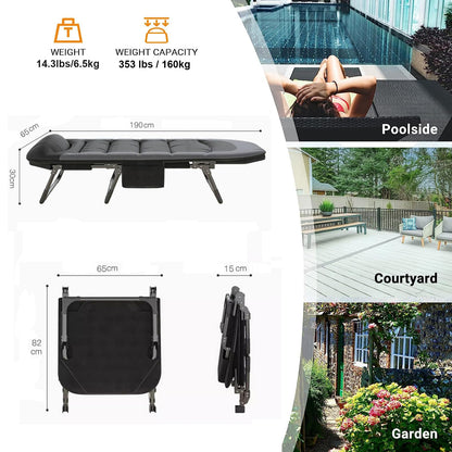 OVLRIJP Folding Lounge Chairs for Outside, Portable Camping Cot, 6-Position Chaise Lounge Chairs with Side Pocket and Mattress, Heavy Duty Chaise Lounges for Outdoor Patio Balcony Beach (Black)