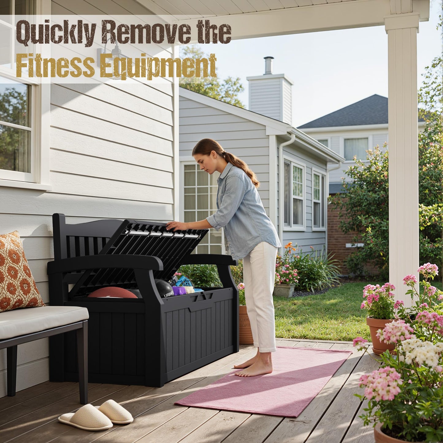 Acurax 80-Gallon Outdoor Storage Bench, Waterproof Deck Box with Lockable Lid & Armrests for Patio, Garden, Pool, Black