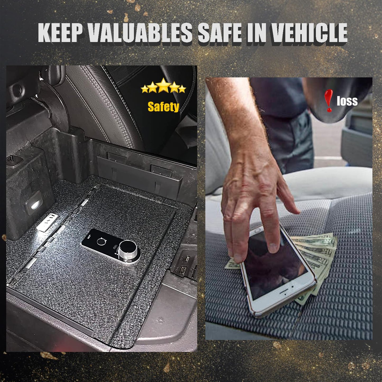 Center Console Gun Safe Vault - WASAI Premium In-vehicle Console Lock Box Compatible with Ford F-150 2021-2024, Fingerprint Lock with Key.