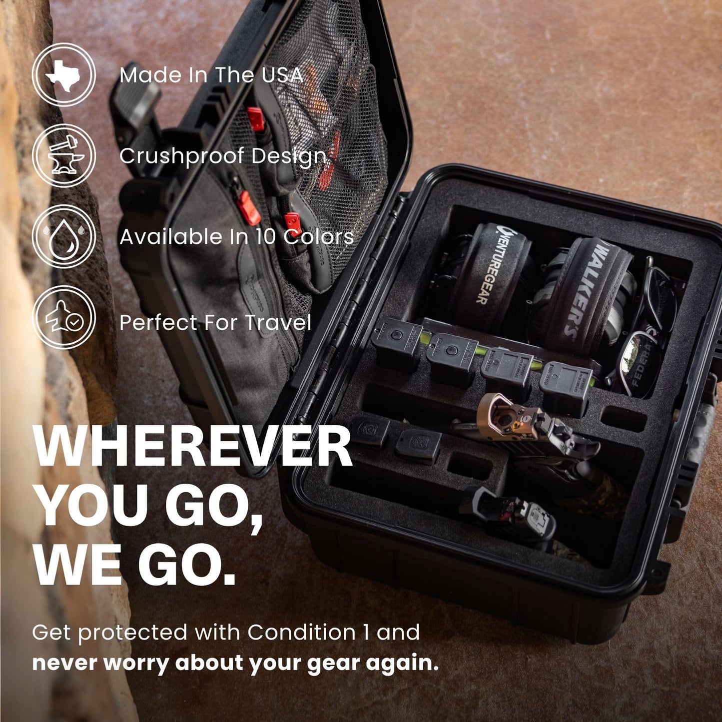 Condition 1 16" 2 Pistol Case, Model 179, Heavy Duty Waterproof Hard Gun Case with 8 Slot Mag with Pre-Cut Foam, 16" x 13" x 6.86"