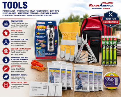 Ready America 72 Hour Deluxe Emergency Kit, 4-Person 3-Day Backpack, First Aid Kit, Survival Blanket, Power Station, Emergency Food, Portable Disaster Preparedness Go-Bag for Earthquake, Fire, Flood