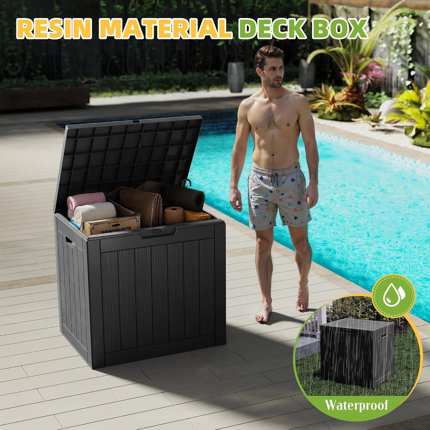 Resin Deck Box 35 Gallon - Waterproof & UV-Resistant Outdoor Storage for Cushions, Tools | Black