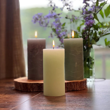 WHW Whole House Worlds 3 Pillar Candle Set, Paraffin Wax, 68 Hours Burn Time, Cotton Wick, 6 Inches, Neutral Shades of Marbled Sage Green, Pale Celadon,Pastel Green