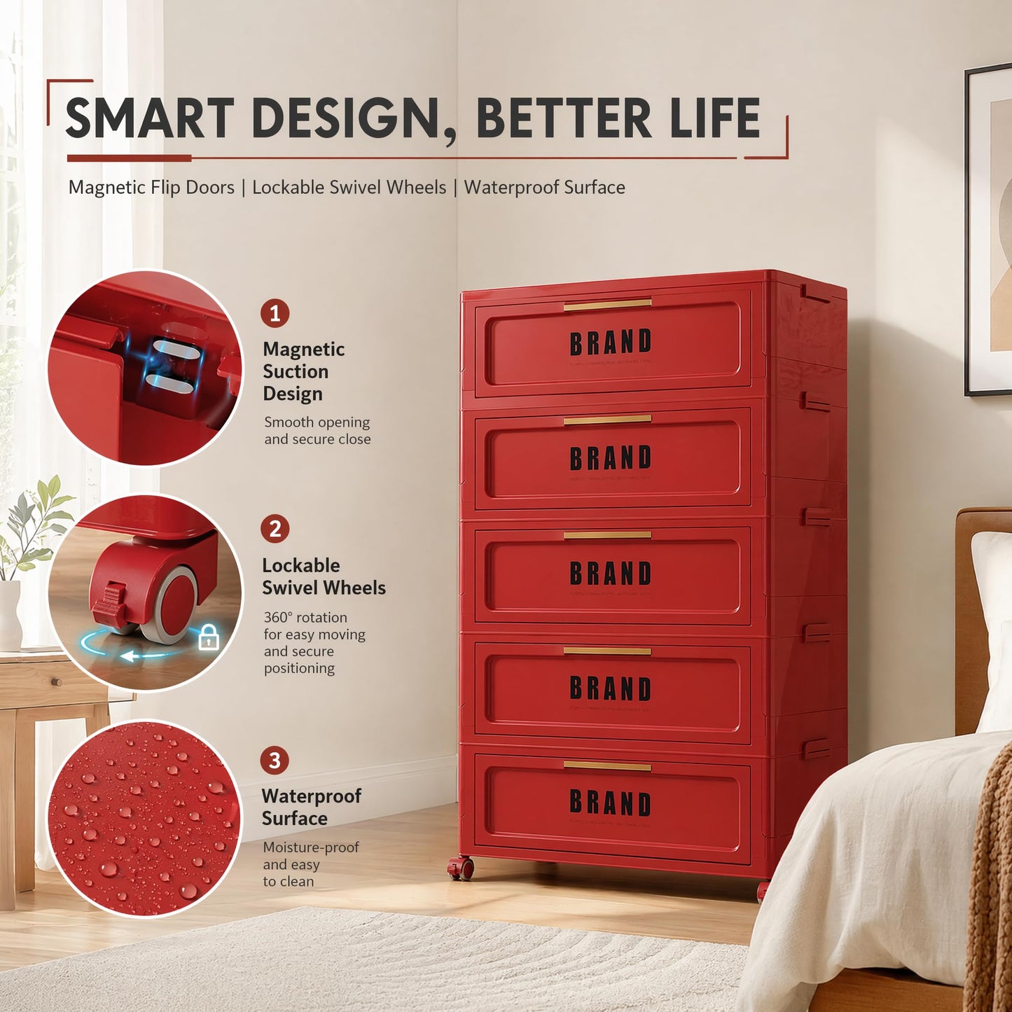 Foldable Storage Cabinet with Doors and Lockable Wheels, 5-Tier Large Capacity ABS Organizer, No-Tool Assembly Storage Cabinet for Small Apartment, Kitchen, Pantry, Laundry, Garage