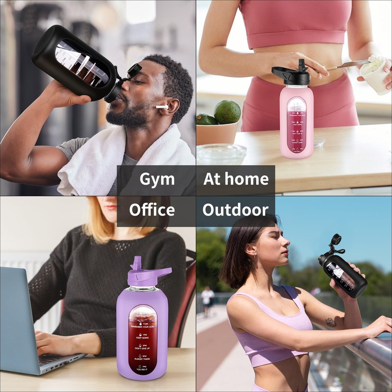 CIVAGO 64 oz Glass Water Bottle Jug with Straw and Handle, Half Gallon Sports Motivational Water Bottle with Time Marker, Wide Mouth Water Flask Canteen with Silicone Sleeve for Gym,Camelia