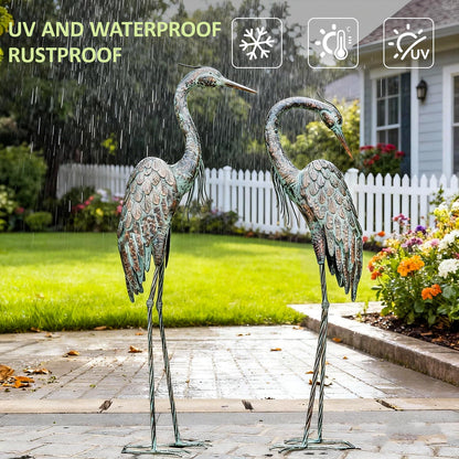 Kircust Garden Crane Statues, Standing Metal Patina Heron Decoy Outdoor Statue, 42-46 Inch Bird Yard Art for Patio Lawn Pond, Set of 2