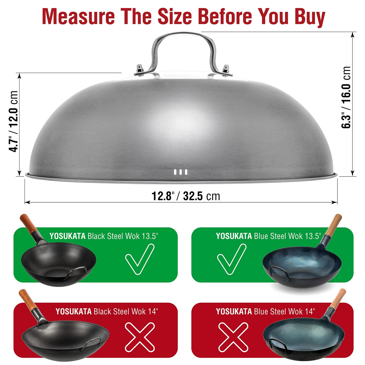 YOSUKATA Flat Bottom Wok Pan - 13.5" Blue Carbon Steel Wok With Lid 12.8 Inch - Premium Stainless Pan Cover with Tempered Glass Insert Steam Holes and Ergonomic Handle