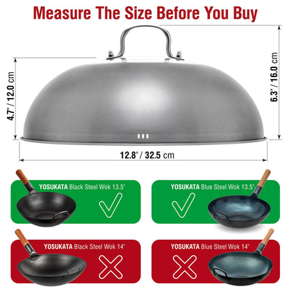 YOSUKATA Flat Bottom Wok Pan - 13.5" Blue Carbon Steel Wok With Lid 12.8 Inch - Premium Stainless Pan Cover with Tempered Glass Insert Steam Holes and Ergonomic Handle