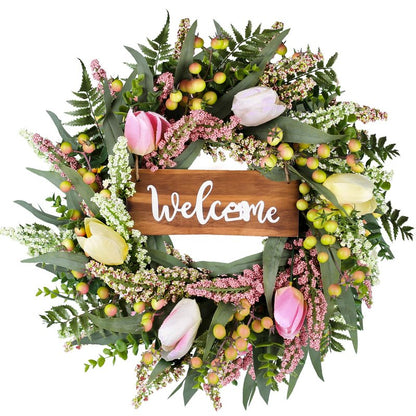 Wreaths for Front Door 20 Inch Spring Summer Tulip Wreath withTulip,Berries,Boxwood and Cattails Welcome Door Wreath, Porch, Window -Green Decor for Home, Farmhouse - Spring, Summer, Fall, All Seasons