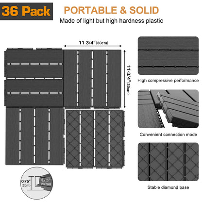 Goovilla Plastic Interlocking Deck Tiles, 36 Pack Balcony Flooring, 12"x12" Waterproof Outdoor Flooring All Weather Use, Patio Floor Decking Tiles for Porch Poolside Backyard Concrete, Dark Grey