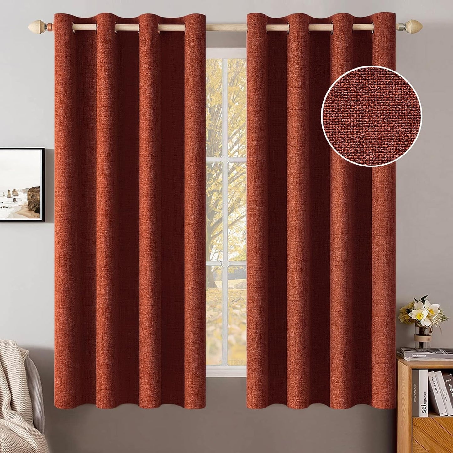 MIULEE Blackout Linen Curtains - Thermal Insulated Burnt Orange Drapes | 52 x 54 Inch (2 Panels) for Bedroom & Living Room