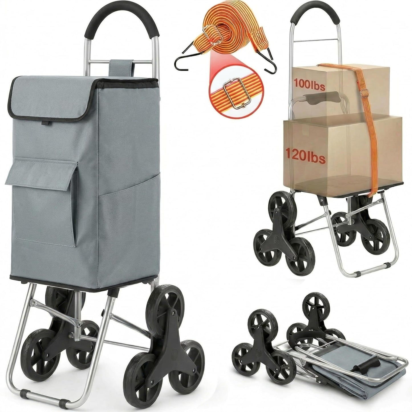Shopping Cart, Super Loading Stair Climber 220 lbs Capacity, Grocery Foldable Trolley with Extra Large Shopping Bag Laundry Utility Cart with Adjustable Bungee Cord (Gray)