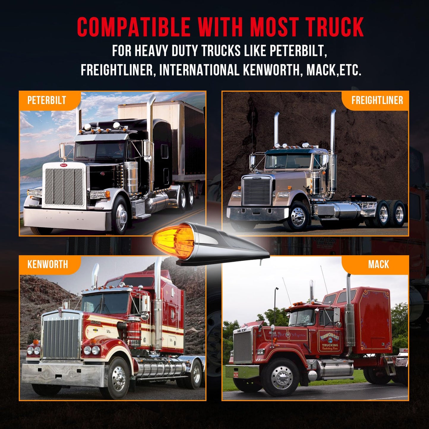 cciyu 11x Truck Cab Marker Light 17 LED Torpedo Cab Marker Lights Chrome Heavy Duty Trucks Replacement for International Kenworth/Peterbilt/Freightliner/Mack Amber Top Roof Running Light