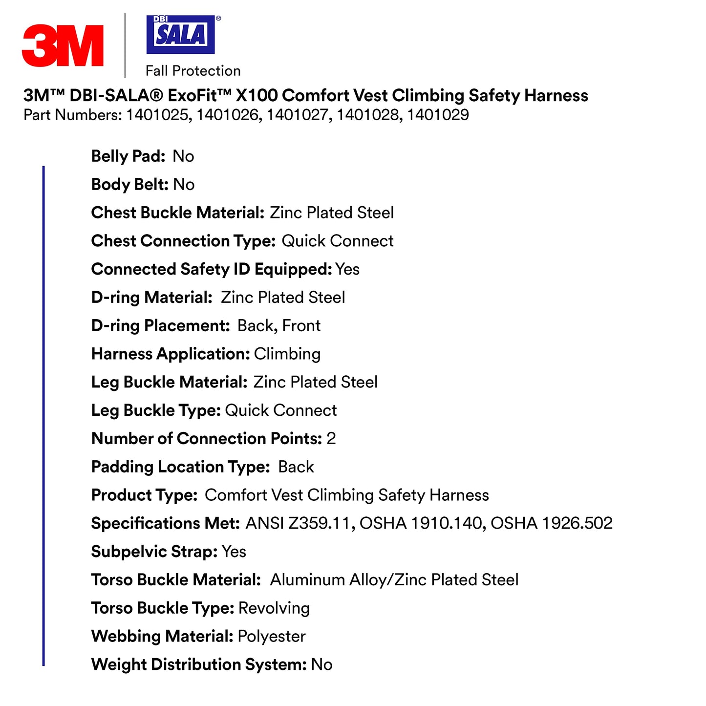 3M DBI-SalaExoFit X100 Comfort Vest Climbing Harness Fall Protection, OSHA, ANSI, Front and Back D-Rings, Quick Connect Chest and Leg Buckles, Zinc Plated Steel, 1401026, Medium