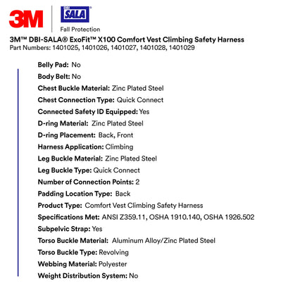 3M DBI-SalaExoFit X100 Comfort Vest Climbing Harness Fall Protection, OSHA, ANSI, Front and Back D-Rings, Quick Connect Chest and Leg Buckles, Zinc Plated Steel, 1401026, Medium