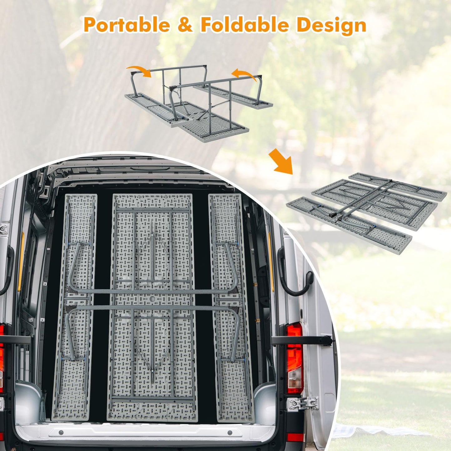 Tangkula 6 Ft Folding Picnic Table, Outdoor 8 Person Large Picnic Table Set with 2 Built-in Benches, Umbrella Hole, Metal Frame & HDPE Tabletop for Garden, Backyard (Grey)