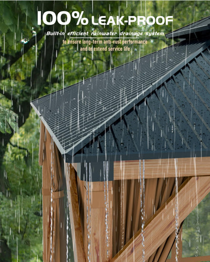 GarveeLife Hard top Wood Gazebo 10 ft x10 ft for All Weather, with Double Metal Roof, Heavy Duty Wooden Frame, Net, and Curtain, Permanent Building for Patio, Deck, Backyard, Lawn, and Garden, Khaki