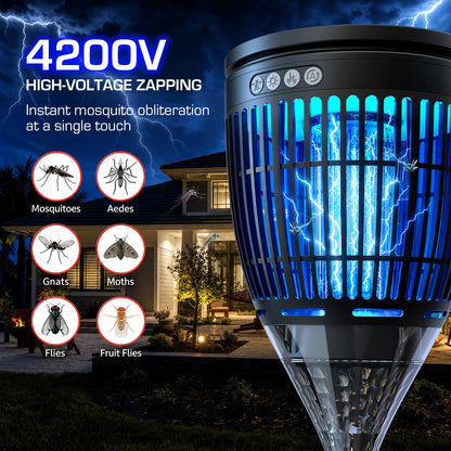 Solar Bug Zapper Outdoor, Mosquito Zapper with Flame & Projector Light Cordless Waterproof, Auto On/Off, Mosquito Trap Solar Powered, 4200V Electric Fly Zapper Killer for Patio Yard Camping Garden