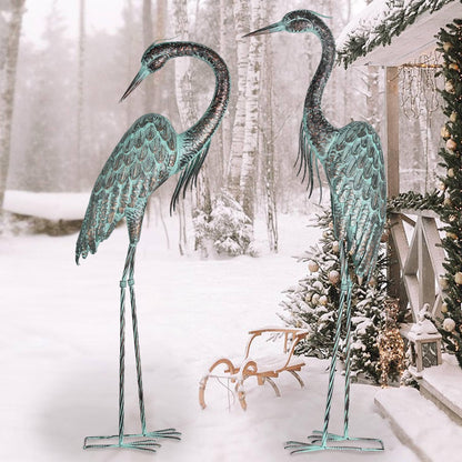 Kircust Garden Crane Statues, Standing Metal Patina Heron Decoy Outdoor Statue, 42-46 Inch Bird Yard Art for Patio Lawn Pond, Set of 2