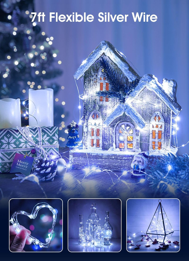 Brightown 24 Pack Fairy Lights Battery Operated - 7Ft 20 Led Mini String Lights Silver Wire Waterproof Firefly Starry DIY Lights for Bedroom Patio Wedding Party Christmas Decor (Pure White)